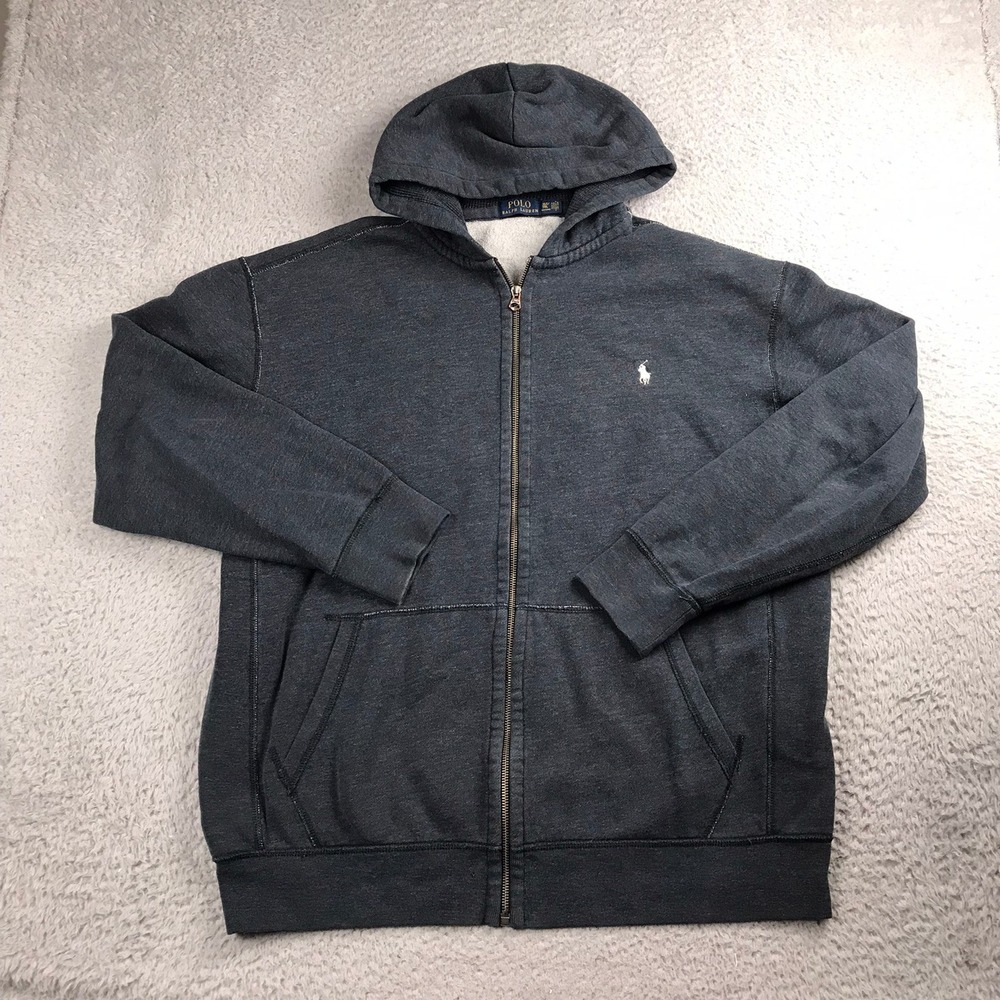 Polo Ralph Lauren Hoodie Mens XLT Grey Full Zip Fleece Lined Pony Logo Sweater